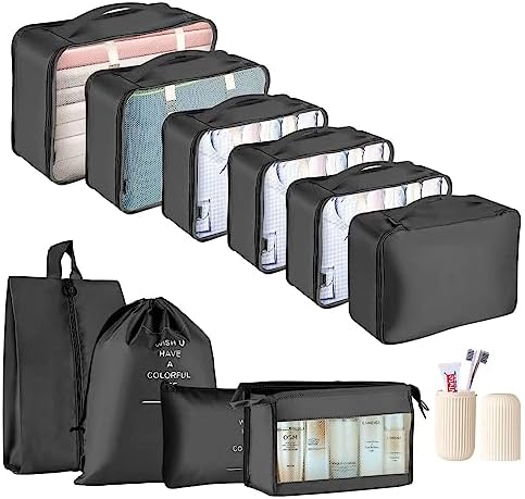 Packing Cubes for Suitcase - GEEDIAR 11 PCS Packing Cubes Travel Luggage Organizers Bag Waterproof Travel Essentials Bag Clothes Shoes Storage Bags(Black)
