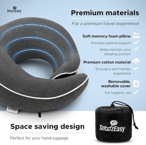 SnoozEasy™ Travel Pillow for Adults | Memory Foam 360 Degree Neck Support with Removable Pillow Case | Includes Travel Bag, Eye Mask and Ear Plugs | Dark Grey | UK Brand - Image 5