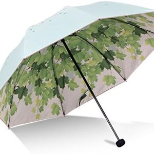 Green Tree Leaf Folding Travel Sun Umbrella Sunblock UV Protection UPF 50+ Rain Resistant Compact Size Parasol Fold into Purse (Green)
