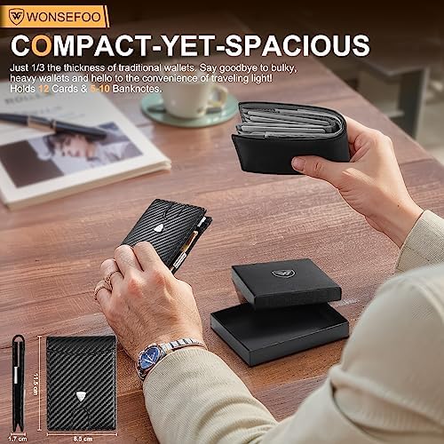 Wallets Mens Slim RFID Blocking Carbon Fiber Leather Wallets for Men UK with up to 12 Credit Card Slots, Strong Money Clip, Minimalist Bi-Fold Mens Wallets with Gift Box - Black - Image 4