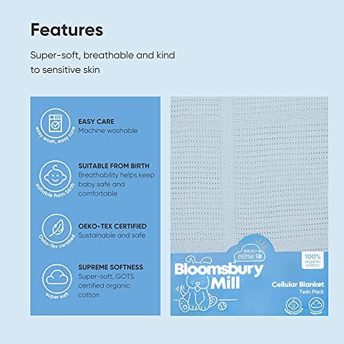 Bloomsbury Mill - Cellular Blankets Baby - Soft 100% Organic Cotton Baby Blanket - Pack of 2 - Baby Essentials For Newborn - Ideal for Cot Bed, Travel, Car Seat, Pram, Moses Basket - Blue 75x95cm - Image 7