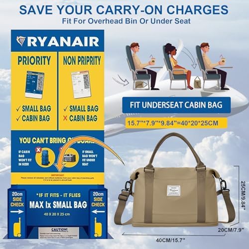for Ryanair Airlines Underseat Cabin Bag 40X20X25 Weekend Overnight Carry on Holdall for Women Travel Duffel Sport Gym Tote Mum Hospital Bags with Wet Pocket,F11-Khaki - Image 2