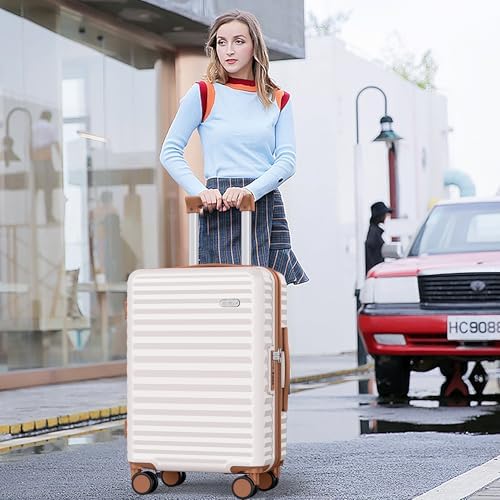 SHOWKOO Suitcase Sets 3 Piece Expandable Hardshell 100% PC Lightweight Carry on Travel Hand Luggage with Double Spinner Wheels & TSA Lock, Beige White - Image 2