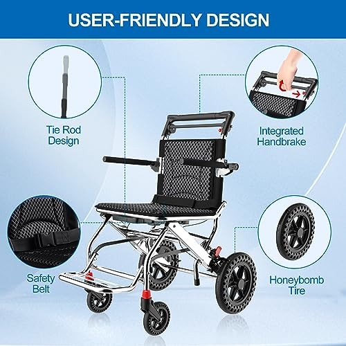 12 Inch Ultra Lightweight Wheelchairs for Adults,Wheelchairs Folding Lightweight with Handbrake and Swing-Away Footrest,45cm Widened Seat Travel Wheelchair with Storage Bag,No Assembly Required - Image 4