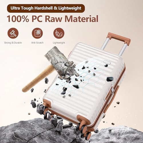 SHOWKOO Suitcase Sets 3 Piece Expandable Hardshell 100% PC Lightweight Carry on Travel Hand Luggage with Double Spinner Wheels & TSA Lock, Beige White - Image 3