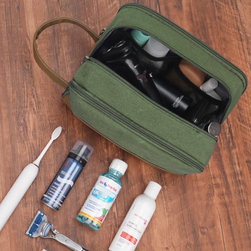 WANDF Travel Toiletry Bag for Men Hanging Dopp Kit Canvas Toiletry Organizer Water-Resistant Vegan Leather Shaving Bag for Toiletries Accessories (Green) - Image 8