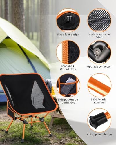 Ultra Lightweight Portable Outdoor Comfortable Folding Camping Chair with Carry Bag and Side Pocket, High Weight Capacity, Suitable for Camping, Fishing, Hiking, Traveling, Picnics, Orange - Image 3
