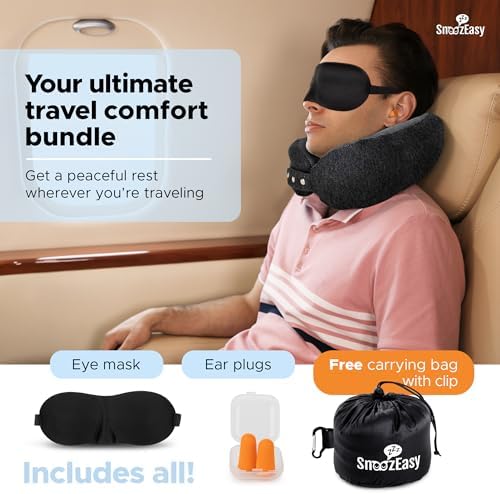 SnoozEasy™ Travel Pillow for Adults | High-Density Memory Foam Neck Pillow for Airplane | Adjustable Flight Travel Cushion with Eye Mask, Ear Plugs, Carry Bag & Carabiner Clip | UK Brand - Image 2