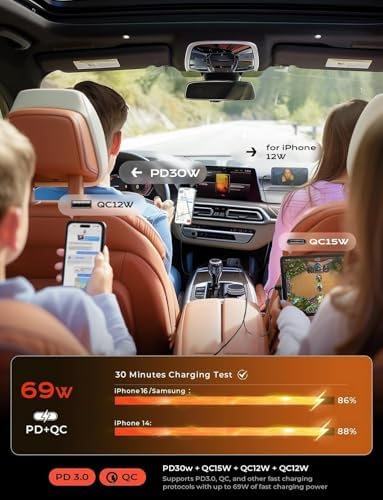 LISEN Retractable Car Charger Adapter 69W Cigarette Lighter USB Car Charger USB C Car Phone Charger Travel Holiday Essentials Car Accessories Gifts for Women Men 12V USB Socket for iPhone 16 15 14 13 - Image 4