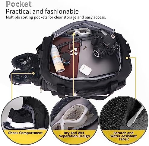 FIORETTO Womens Mens Sports Gym Bag Duffle Bag with Shoes Compartment, Weekend Travel Bag Overnight Bag for Women, Water Resistant Holdall Hospital Bag for Swimming Black - Image 3