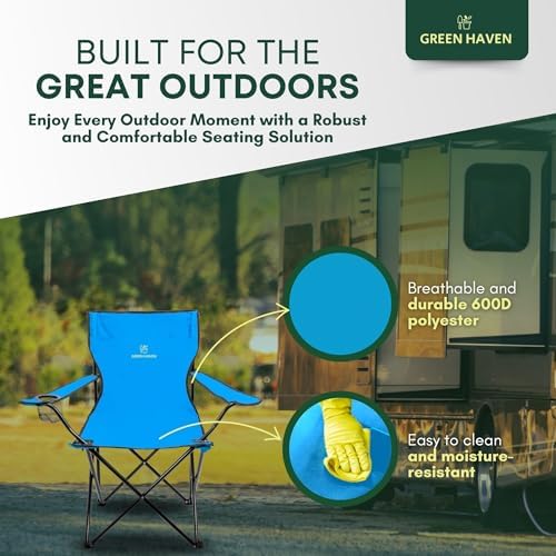 Green Haven Folding Camping Chair - Blue Lightweight Picnic Chair w/Cup Holder, 600D Polyester & Rip Stop, Heavy Duty Steel Frame Arm Portable Comfy for Outdoor Camping - Image 7