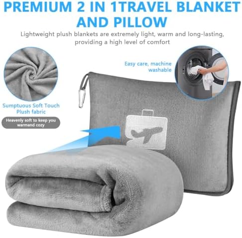 flintronic Travel Blanket and Pillow, 2 in 1 Airplane Blanket with Eye Mask and Ear Plugs, Compact Office Blanket, Lightweight & Portable Pillow for Adults, Kids,Long Flights and Trains (Grey) - Image 9