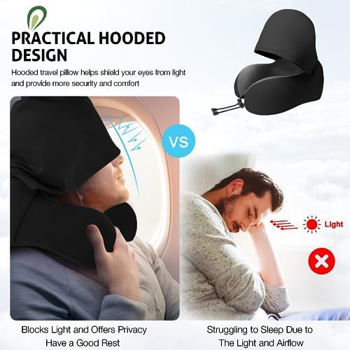 Travel Pillow for Neck Memory Foam, Hooded Travel Neck Pillow for Adults, Comfortable Neck Pillow for Travel with Hoodie, Flight Pillow, Airplane Pillow, Travel Cushion for Plane Car Train - Image 2