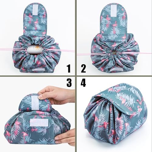 Lazy Drawstring Makeup Bags, Large Capacity Waterproof Travel Portable Cosmetic Bag Pouch Makeup Pouch Storage Organiser for Women Girl (Flamingo) - Image 3