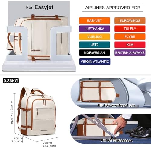 Kono Cabin Travel Backpack 45 x 36 x 20 cm Easyjet Luggage Bag Laptop Weekend Duffel Bag 30L (Beige/Brown) - Image 2