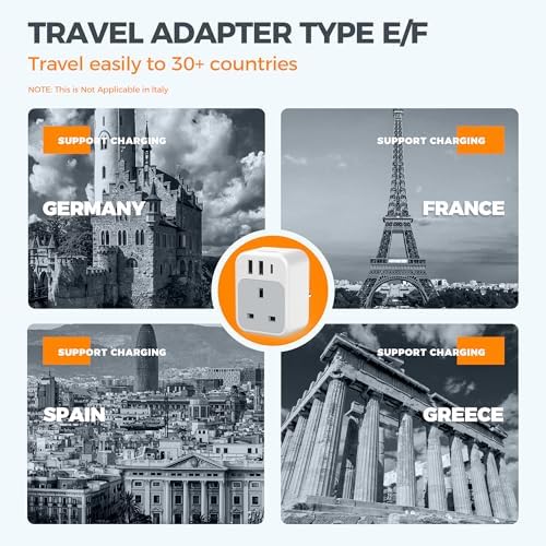 TESSAN UK to European Plug Adapter 2 Pack, USB C Travel Adapter UK to Europe with 3 USB, 4 in 1 Type E F EU Plug for Euro Spain France Turkey Germany Egypt Norway Iceland Greece Portugal Poland - Image 5