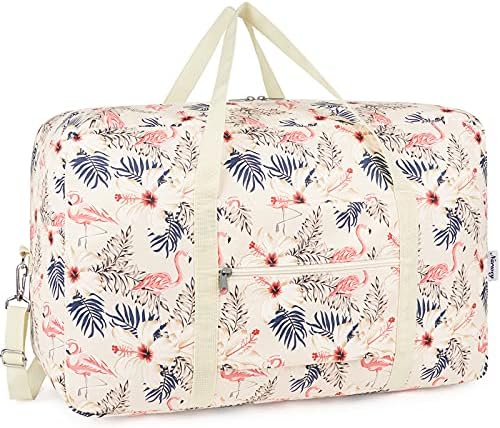 for Airlines Large Cabin Bag 56x45x25 Foldable Travel Duffel Bag Holdall Tote Carry on Luggage Overnight for Women and Men 40L (Beige Flamingo)