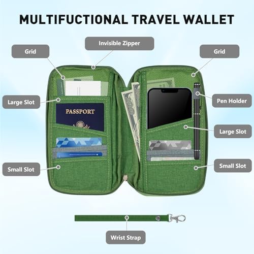 Passport Holder Travel Wallet, Large Capacity Travel Document Holder, RFID Blocking Waterproof Portable Travel Wallet Organiser for Cash Passport ID Card Credit Cards Ticket Pen, Green - Image 3