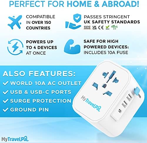 Worldwide Travel Adapter with USB-C | The Safest All In One Travel Adaptor | MyTravelPal® Pro Grounded Universal Travel Adapter Worldwide | Earthed International World Charger Travel Plug Adapter - Image 3