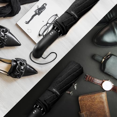 Umbrella Windproof Compact - Strong Storm Proof Frame + Auto Open Close | Women Mens Lightweight Small Travel Folding Golf Brolly + Double Canopy, Ergonomic Handle | Water Resistant Teflon Black - Image 6