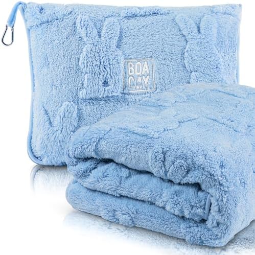 BOACAY Travel Toddler Blanket for Airplane, Car - Soft Kids Throw Blanket for Daycare - Pillow for Girls, Boys with Backpack Clip, Luggage Sleeve