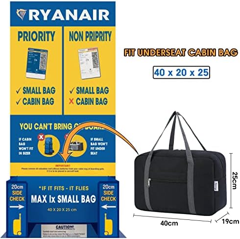 for Ryanair Airlines Cabin Bag 40x20x25 Underseat Foldable Travel Duffel Bag Holdall Tote Carry on Hand Luggage Overnight for Women and Men 20L (Black) - Image 2