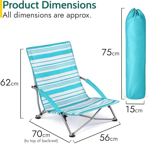 Trail Low Folding Beach Chair, Lightweight Portable Deck Sun Lounger Seat, Camping Festival Picnic Garden, Padded Armrests, Anti Sink Feet, Carry Bag with Strap (Blue Stripe) - Image 3