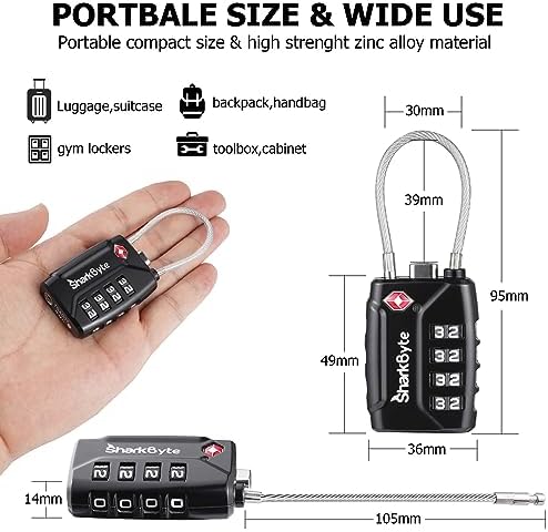 SharkByte TSA Approved Suitcase Locks - 4-Dial Security Travel Combination Padlock, Flexible Cable Wire Travel Lock for Suitcases, Luggage locks, Case Travel Bag Gym Locker Code Small PadLock (Pack 4) - Image 4
