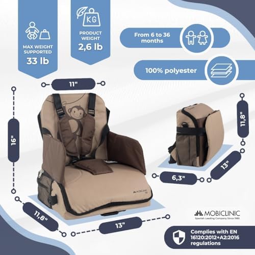 Mobiclinic® Kids, Travel Booster Seat, Monkey, Portable High Chair, Travel High Chair, 6 to 36 Months, Up to 15 kg(33 lb), Foldable, with Storage, Baby High Chair, Baby Seat, Colour Beige - Image 4