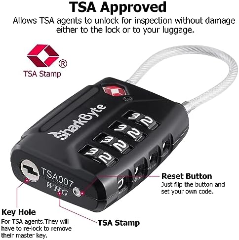 SharkByte TSA Approved Suitcase Locks - 4-Dial Security Travel Combination Padlock, Flexible Cable Wire Travel Lock for Suitcases, Luggage locks, Case Travel Bag Gym Locker Code Small PadLock (Pack 4) - Image 2
