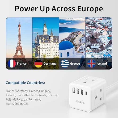 UK to European Plug Adapter with 1.5M Extension Cable, Aodeng 4 Way Travel Extension Lead with 4 USB Compact Cube Type E/F Travel Adapter for Germany France Spain Poland Greece Netherlands etc. - Image 4