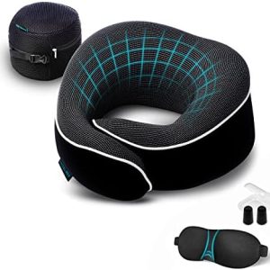 Travel Pillow, Memory Foam Neck Pillow Set, Orthopedic Pillow, Travel Essentials for Flying, Kit with 3D Contoured Sleep Mask, Earplugs and Luxury Mesh Bag (Black)