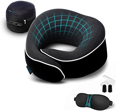 Travel Pillow, Memory Foam Neck Pillow Set, Orthopedic Pillow, Travel Essentials for Flying, Kit with 3D Contoured Sleep Mask, Earplugs and Luxury Mesh Bag (Black)