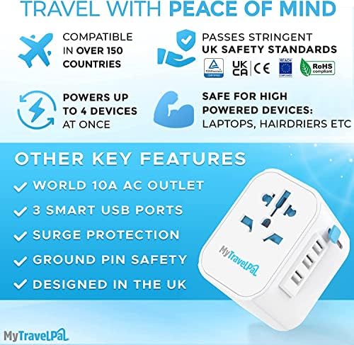 Worldwide Travel Adapter with USB | The Safest All In One Travel Adaptor | MyTravelPal® Pro Grounded Universal Travel Adapter Worldwide | Earthed International World Charger Multi Travel Plug Adapter - Image 3