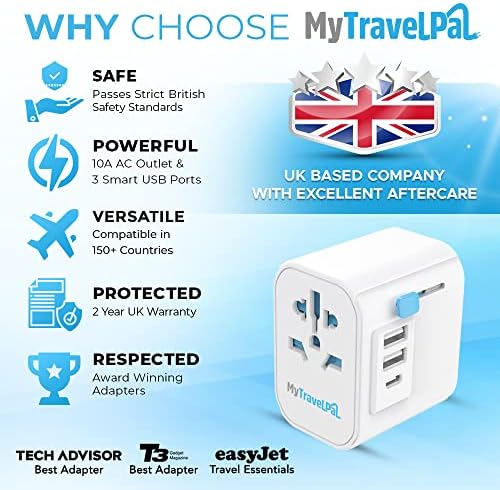Worldwide Travel Adapter with USB-C | The Safest All In One Travel Adaptor | MyTravelPal® Pro Grounded Universal Travel Adapter Worldwide | Earthed International World Charger Travel Plug Adapter - Image 5
