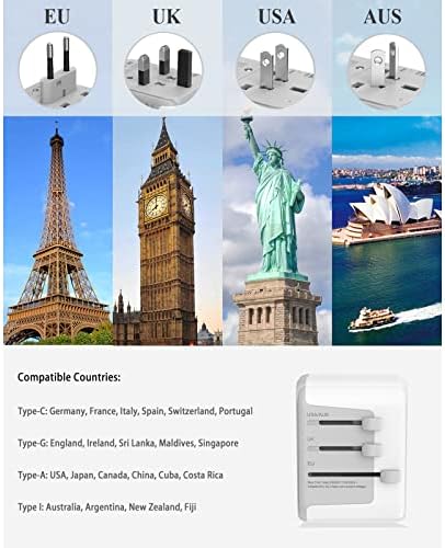 TESSAN Universal Travel Adapter Worldwide with 4 USB, International Travel Adapter UK to European Power Universal Plug Adaptor for EU USA Australia Thailand (Type C, G, A, I),Grey White - Image 2