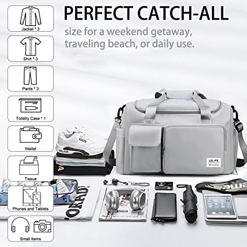 Gym Bag, Travel Bag with Wet Pocket, Portable Overnight Bags for Women, Waterproof Lightweight Gym Bag Mens for Weekender, Vacation(Grey) - Image 7