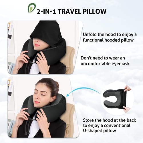Travel Pillow for Neck Memory Foam, Hooded Travel Neck Pillow for Adults, Comfortable Neck Pillow for Travel with Hoodie, Flight Pillow, Airplane Pillow, Travel Cushion for Plane Car Train - Image 3