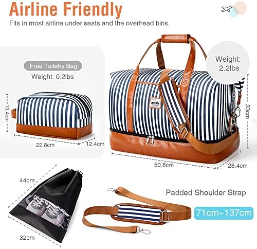 Lekesky Weekend Travel Bags for Women - 50l Foldable Overnight Bag with Shoes Bags & Toiletry Bag & Shoes Compartment, Travel Holdall Bag for Airlines, Maternity Hospital Bag (Striped,50.8*28.4*33cm) - Image 2