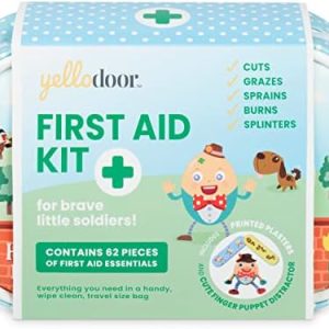 Baby First Aid Kit - 62 Pieces of Essential Medical Grade Supplies for Kids, Family, Home, Car and Travel - Includes Distractor and Reward Stickers. 100% Vegan