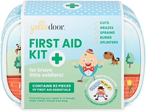 Baby First Aid Kit - 62 Pieces of Essential Medical Grade Supplies for Kids, Family, Home, Car and Travel - Includes Distractor and Reward Stickers. 100% Vegan