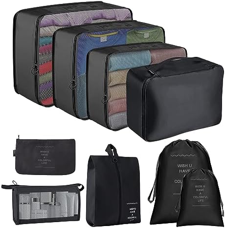 Packing Cubes for Suitcase,Lychico 9pcs Travel Luggage Packing Organizers Waterproof Travel Essentials Bag Clothes Shoes Storage Bags, Black