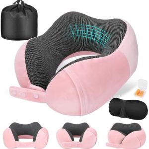 Travel Pillow for Airplane, Neck Pillow for Travel, Memory Foam Travel Neck Pillow for Adults, Adjustable & Compact Flight Pillow, Ergonomic Neck Cushion, With Ear Plugs, Eye Mask, Carry Bag