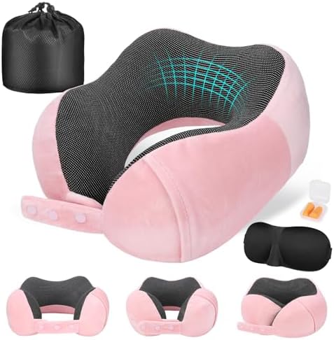 Travel Pillow for Airplane, Neck Pillow for Travel, Memory Foam Travel Neck Pillow for Adults, Adjustable & Compact Flight Pillow, Ergonomic Neck Cushion, With Ear Plugs, Eye Mask, Carry Bag