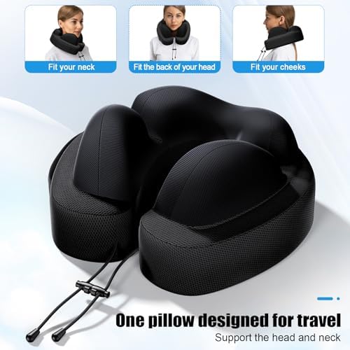 JINXIA Travel Pillow for Neck,Portable Neck Pillow Memory Foam for Plane Cars Trains Office,Breathable Fabric&Lightweight for Neck Perfect Support Pillow with Carry Bag,Earplugs-Black(Softer version) - Image 2