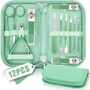 Nail Clipper Manicure Set, Manicure Pedicure Kit Professional, Travel Manicure Set for Women Men, Manicure & Pedicure Tools & Accessories, Nail Care Tool with Green Leather Travel Bag, Set 12 in 1