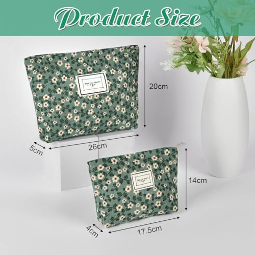 Cosmetic Bags, 2 Pcs Small Floral Canvas Cosmetic Bag, Rose Flower Printing Corduroy Toiletry Bag, Multifunctional Travel Makeup Bag with Metal Zipper for Women Girls Gift - Image 2