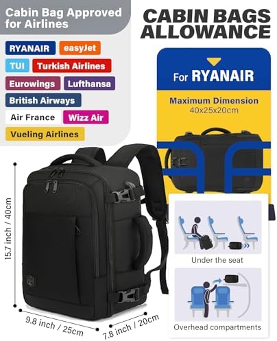 Ryanair Cabin Bag 40x20x25 Underseat 20L Travel Bag Hand Luggage Backpack Carry-ons Bag Cabin Size Suitcases for Airplanes Flight Bag Travel Rucksack Fit 14 Inch Laptop Black - Image 3