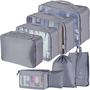 Travel Packing Cubes, Toifucos Multifunction 8pcs/set Luggage Organiser Compression Suitcase Essential Bag, Dark Gray
