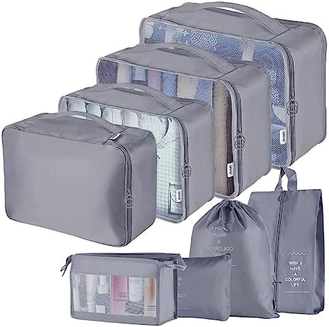 Travel Packing Cubes, Toifucos Multifunction 8pcs/set Luggage Organiser Compression Suitcase Essential Bag, Dark Gray